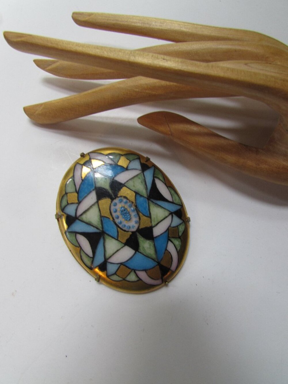 Antique Oval Brooch Deco Style Stained Glass Pattern